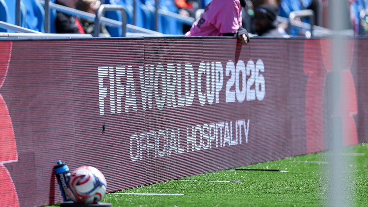 A 2026 FIFA World Cup advertisement displayed at BMO Field during a soccer game.