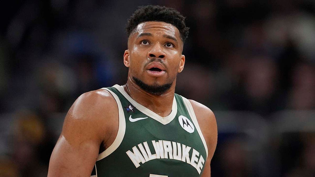Giannis Antetokounmpo looking on during a basketball game at Fiserv Forum in Milwaukee