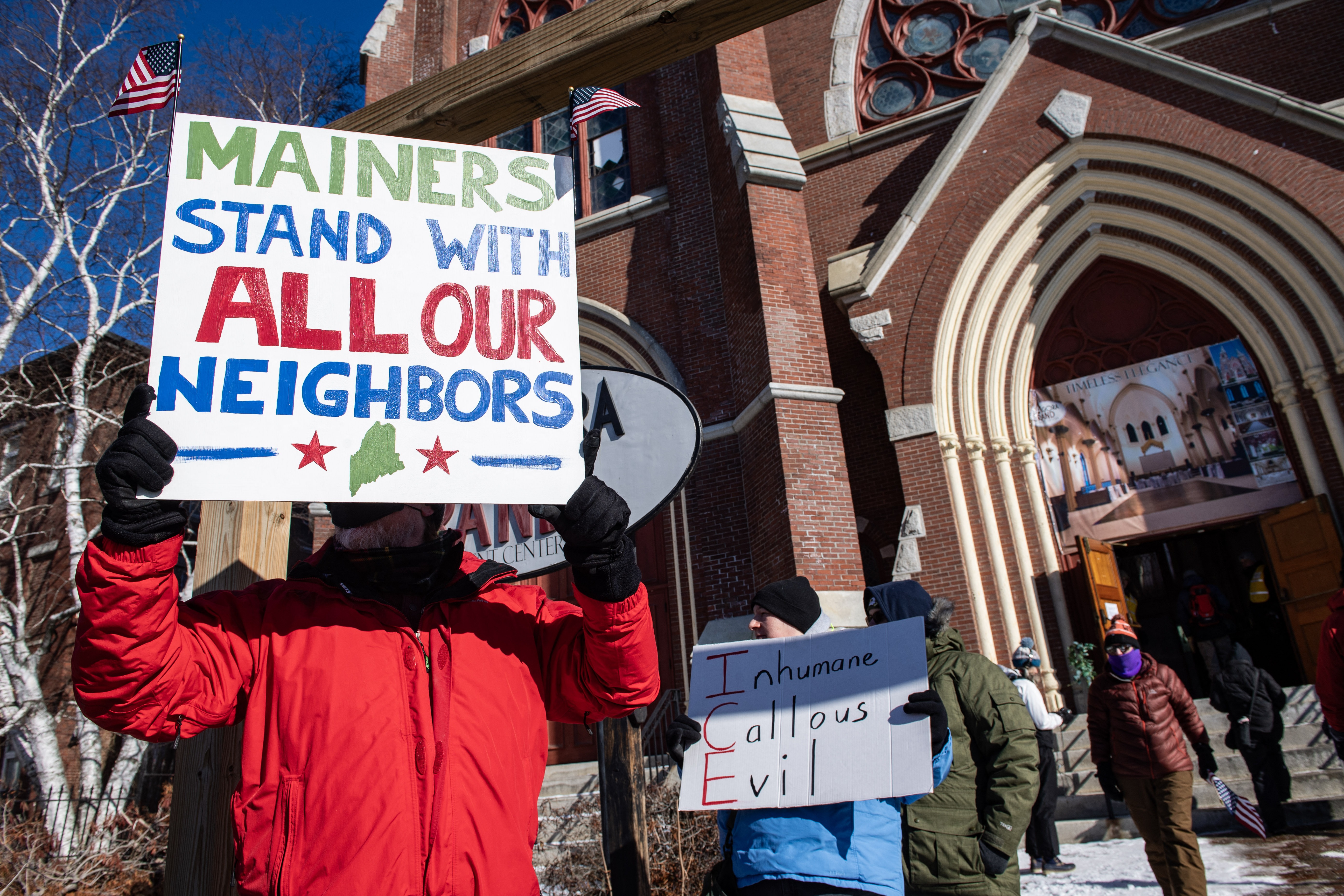 Demonstrators attend an anti-ICE rally in Lewiston, Maine on January 24, 2026. Federal officials have acknowledged collecting information on some protesters, even as they deny maintaining a database tracking U.S. citizens.