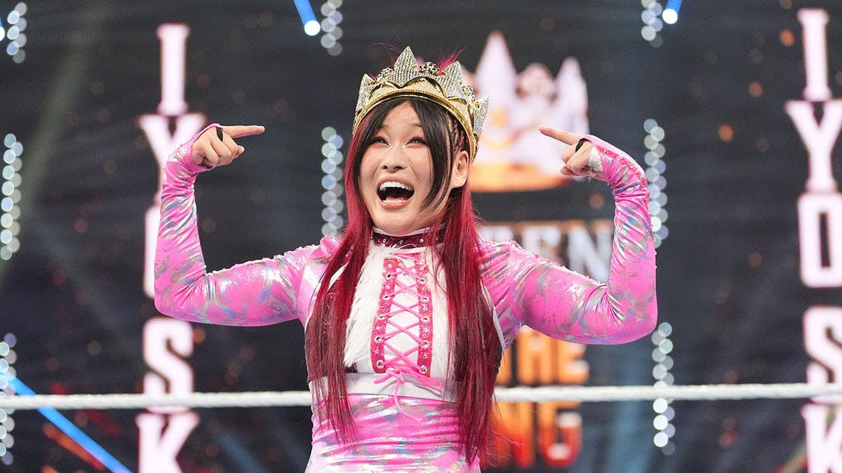 Iyo Sky celebrating in the ring at Kingdom Arena in Riyadh, Saudi Arabia