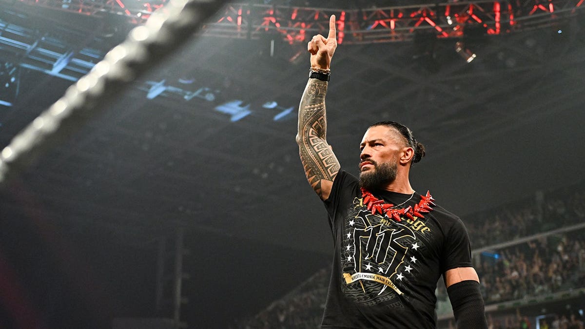 Roman Reigns looking on during Monday Night RAW at Inalpi Arena in Torino di Sangro Italy
