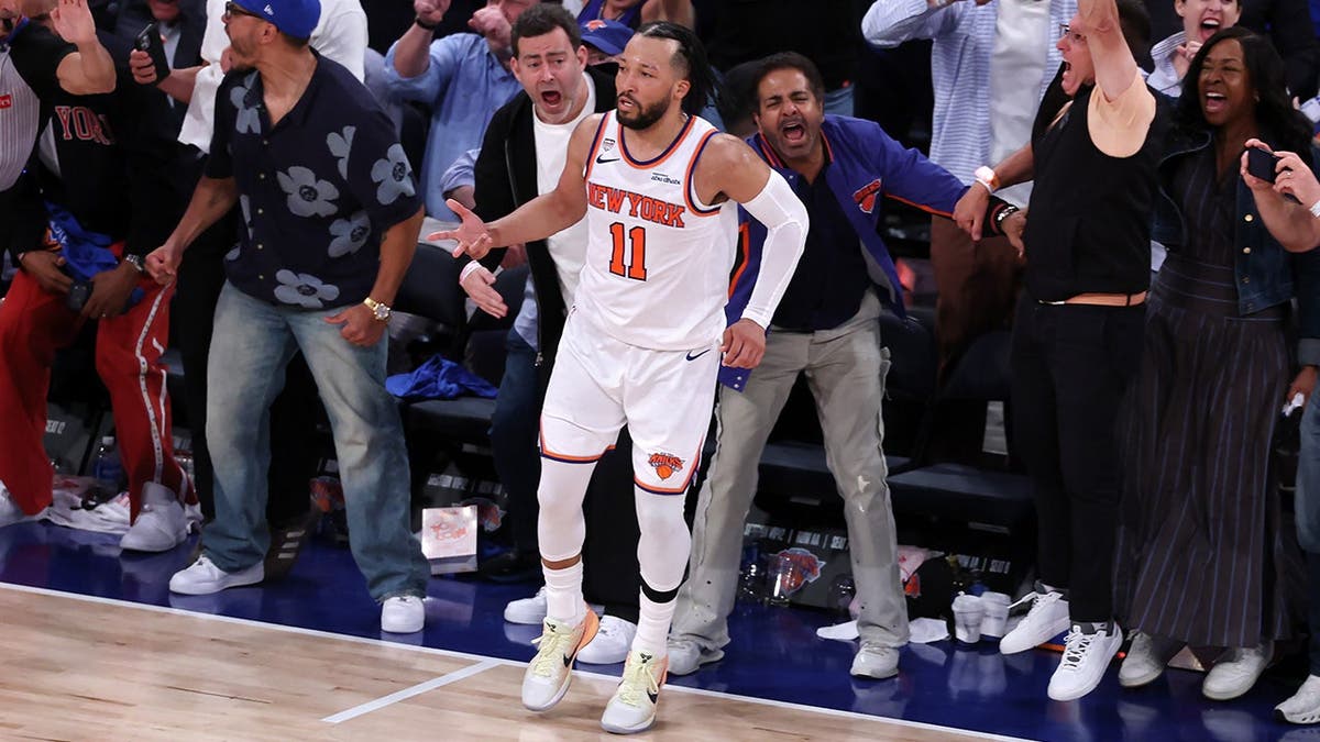 Jalen Brunson reacts after making a three-point basket at Madison Square Garden