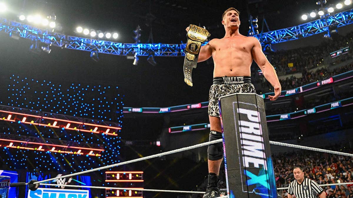 Grayson Waller celebrating his win at SmackDown event in Louisville Kentucky