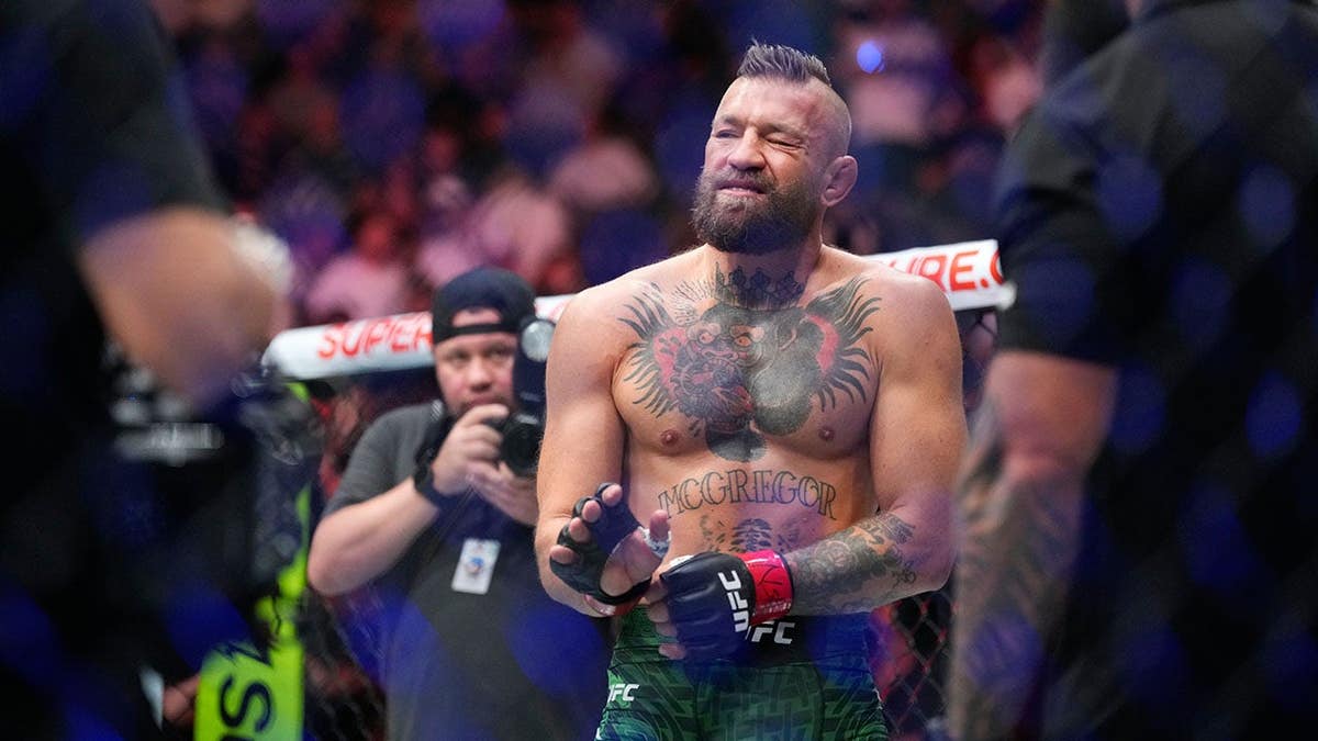 Conor McGregor reacts after a fight in Las Vegas.
