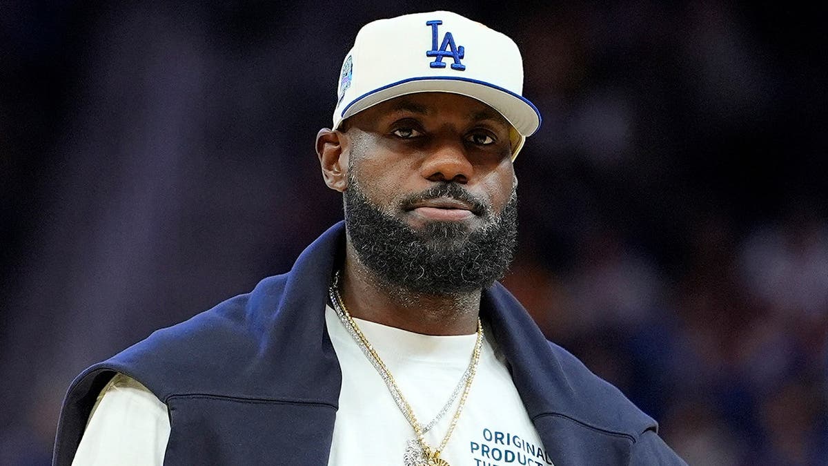LeBron James of the Los Angeles Lakers looks on during a timeout