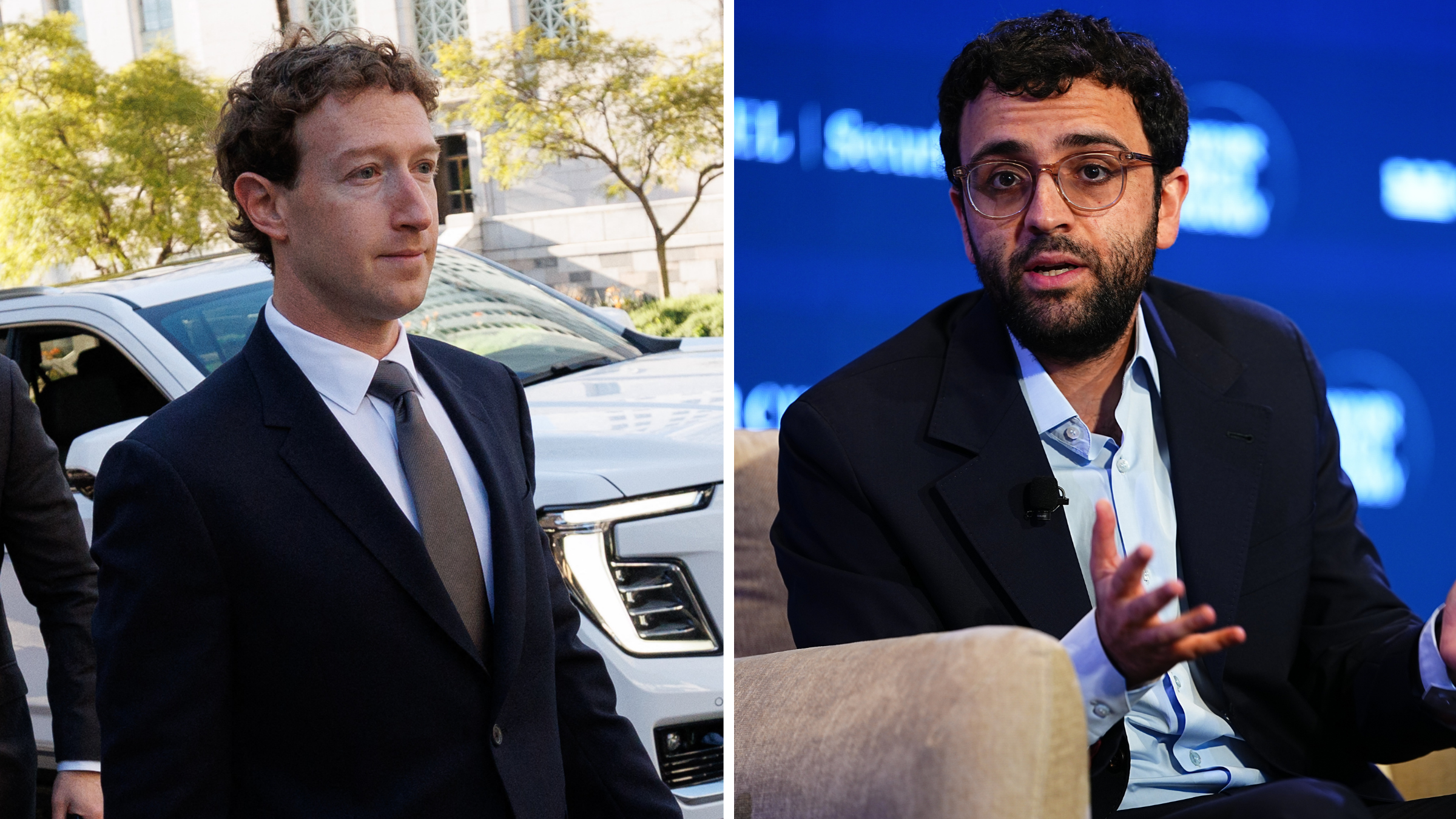 Left: Meta CEO and Chairman Mark Zuckerberg arrives at Los Angeles Superior Court in February. Right: Tarek Mansour, co-founder of Kalshi, at the Semafor World Economy Summit in April.
