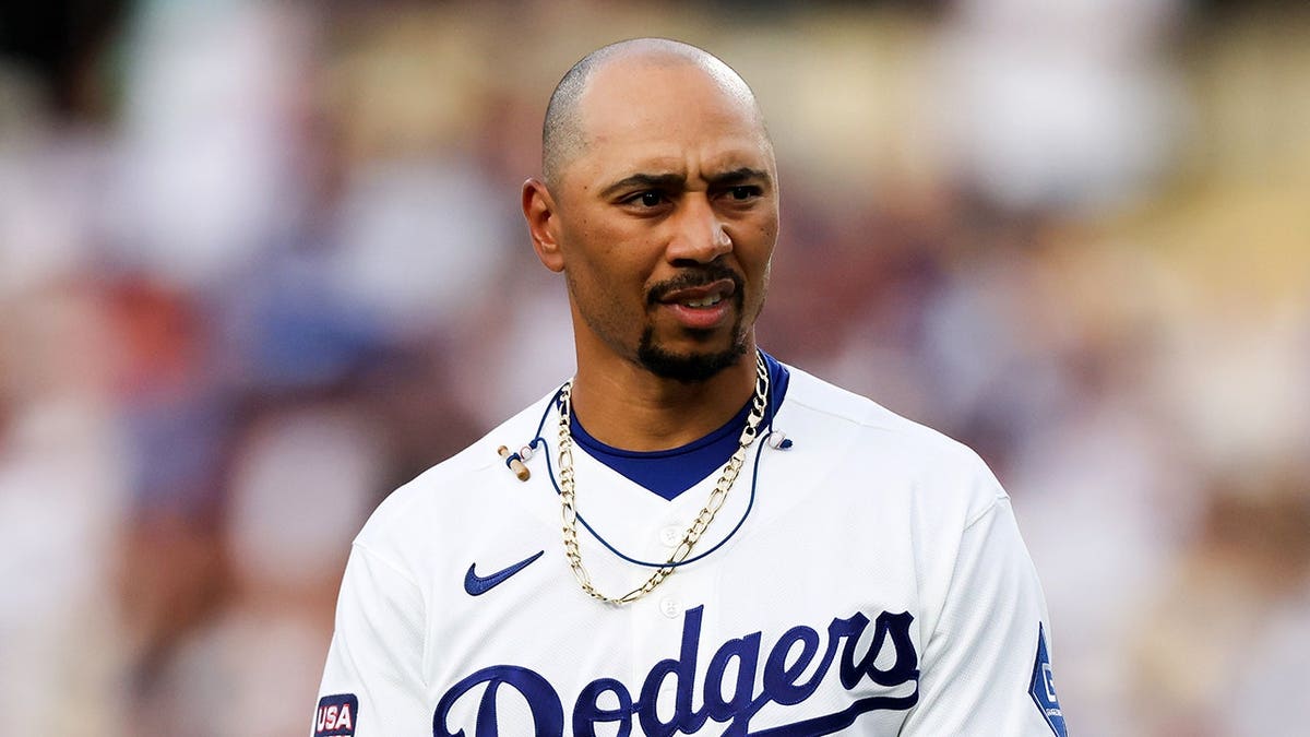 Mookie Betts looks on at Dodger Stadium.