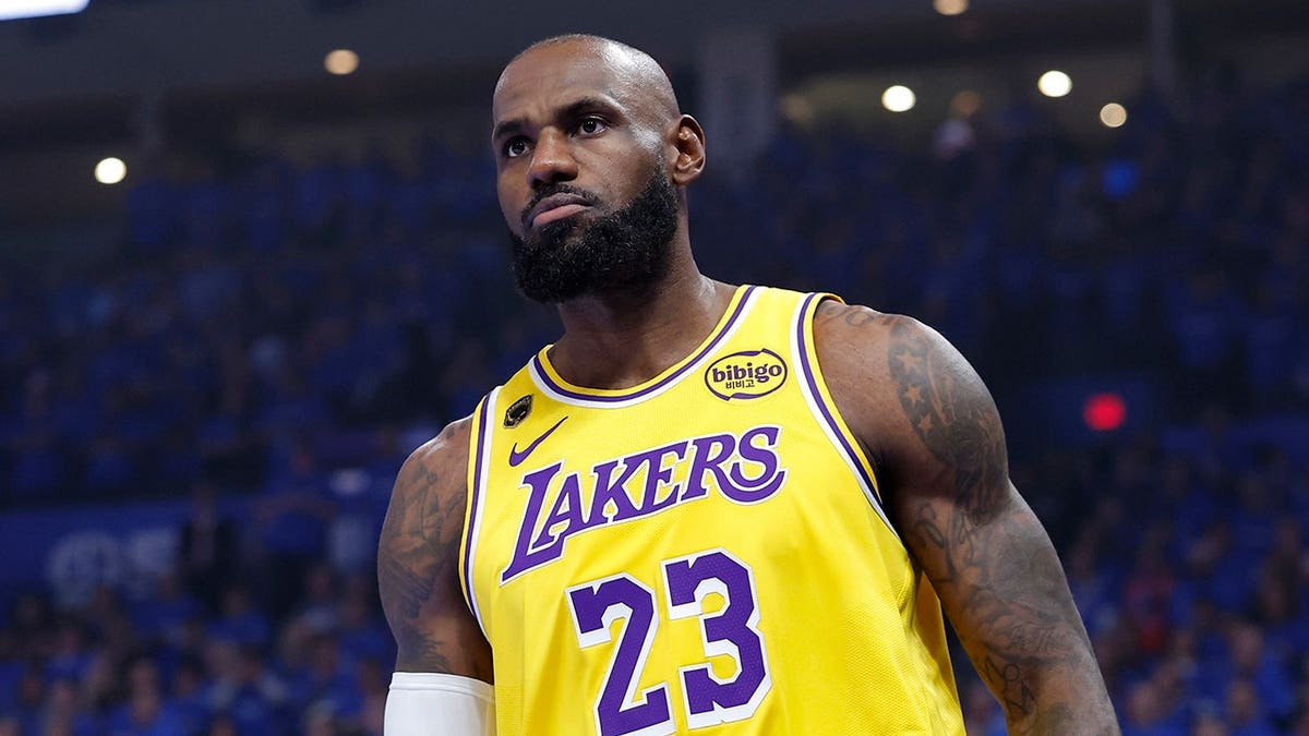 LeBron James looks toward the Lakers bench during a playoff game against Oklahoma City Thunder.