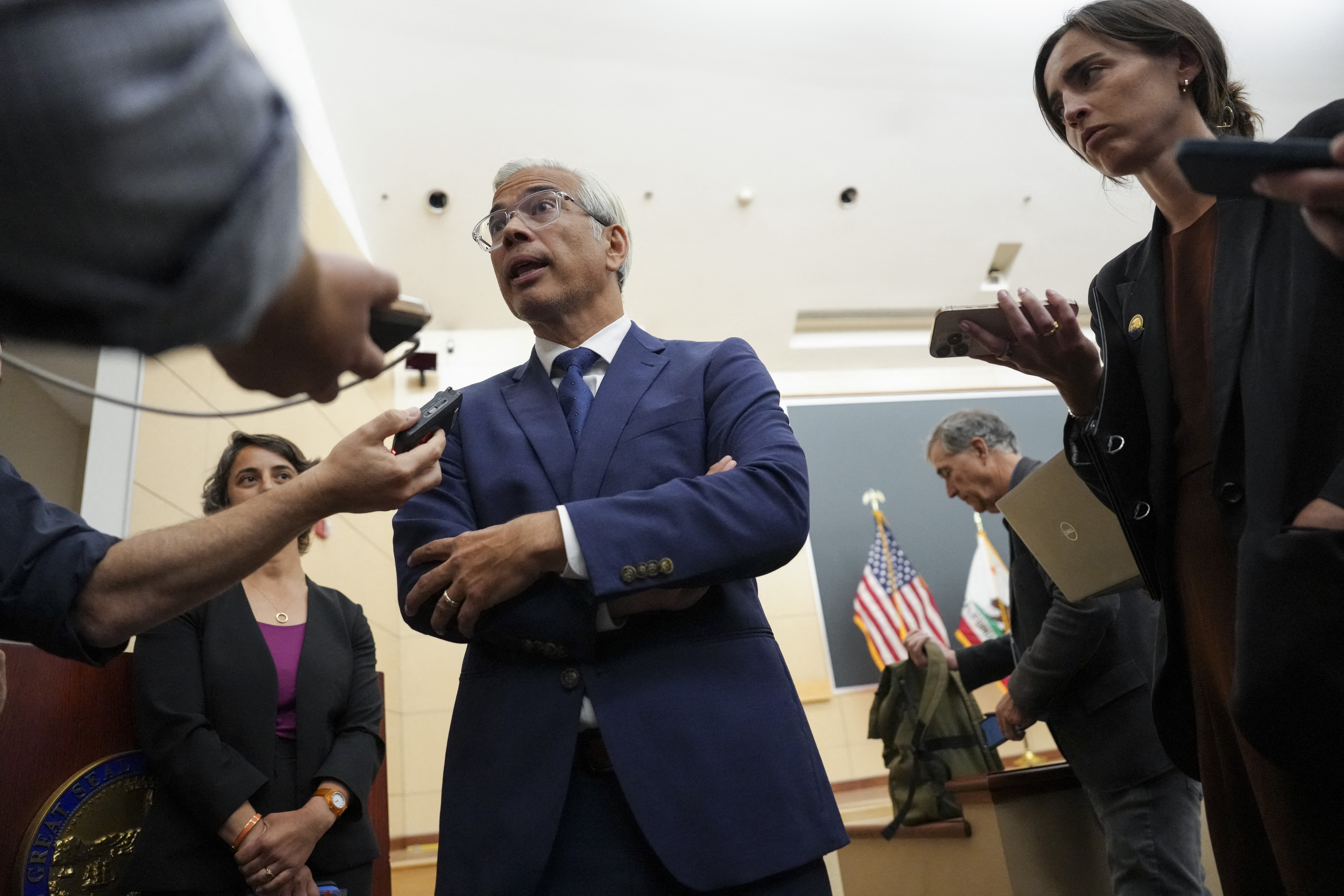 California Attorney General Rob Bonta speaks to reporters at a press conference after opening statements took place in the Meta trial over a lawsuit brought by U.S. states about social media addiction, at the Ronald V. Dellums Federal Building and U.S. Courthouse in Oakland, Calif., on Aug. 18.