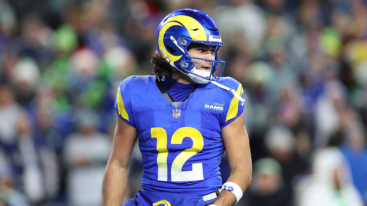 Puka Nacua reacts during a game