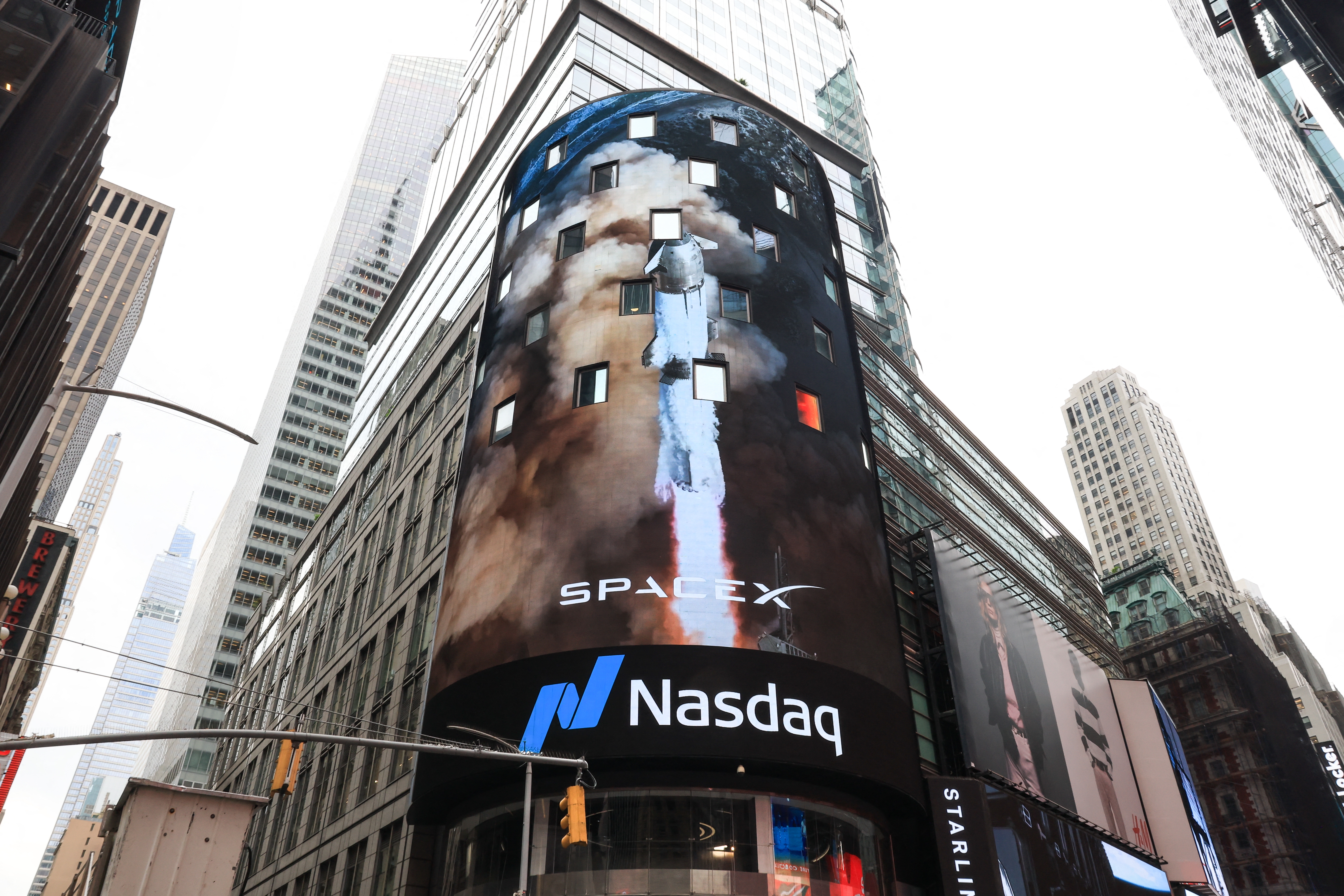 A view of the Nasdaq MarketSite after SpaceX company executives rang the opening bell to celebrate the launch of SpaceX