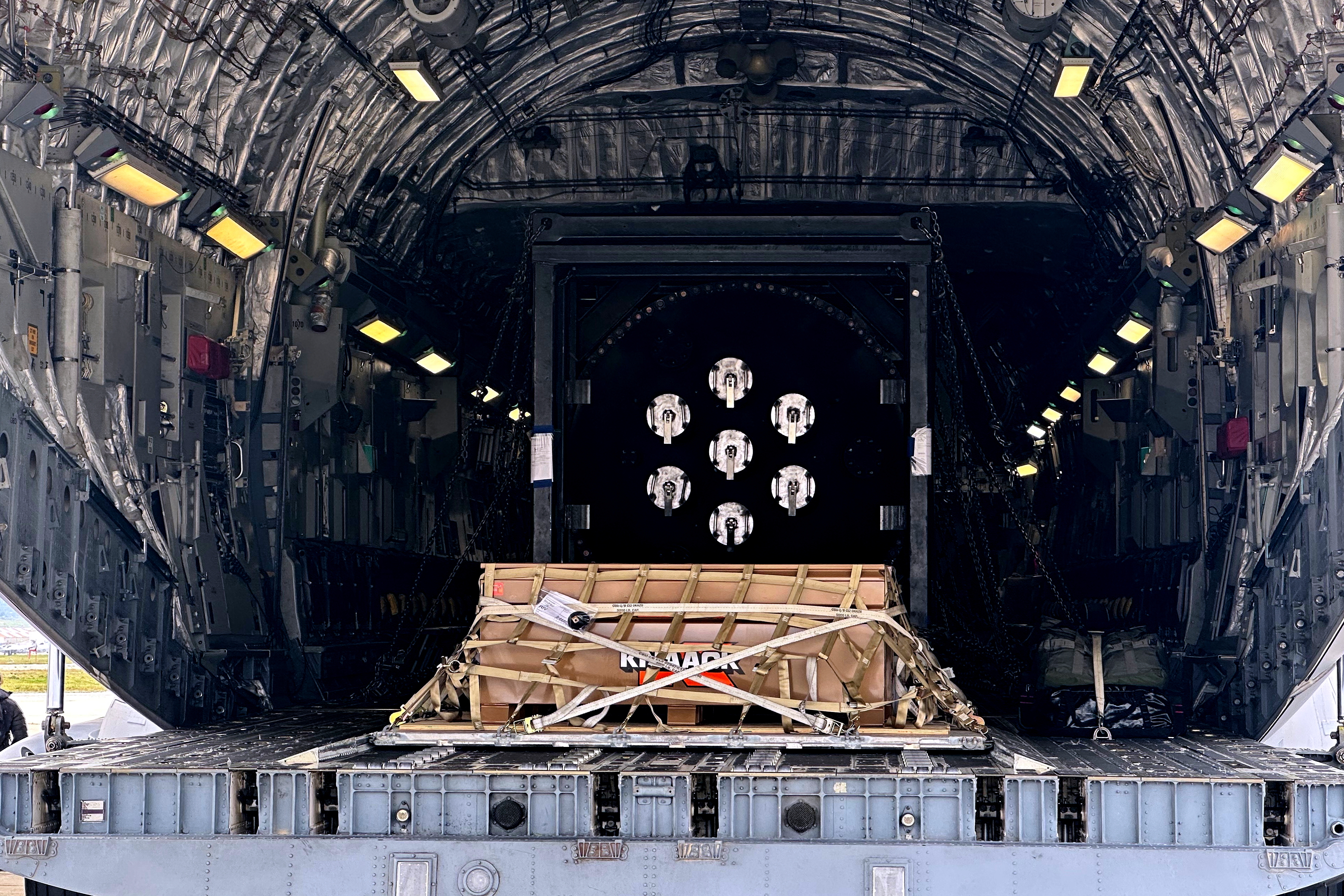 A Valar Atomics microreactor is seen on a C-17 aircraft, without nuclear fuel, at March Air Reserve Base in California on Feb. 15. The reactor was transported from March Air Reserve Base to Hill Air Force Base in Utah.