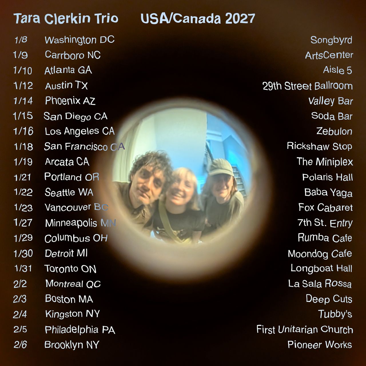 Tara Clerkin Trio: USA/Canada 2027